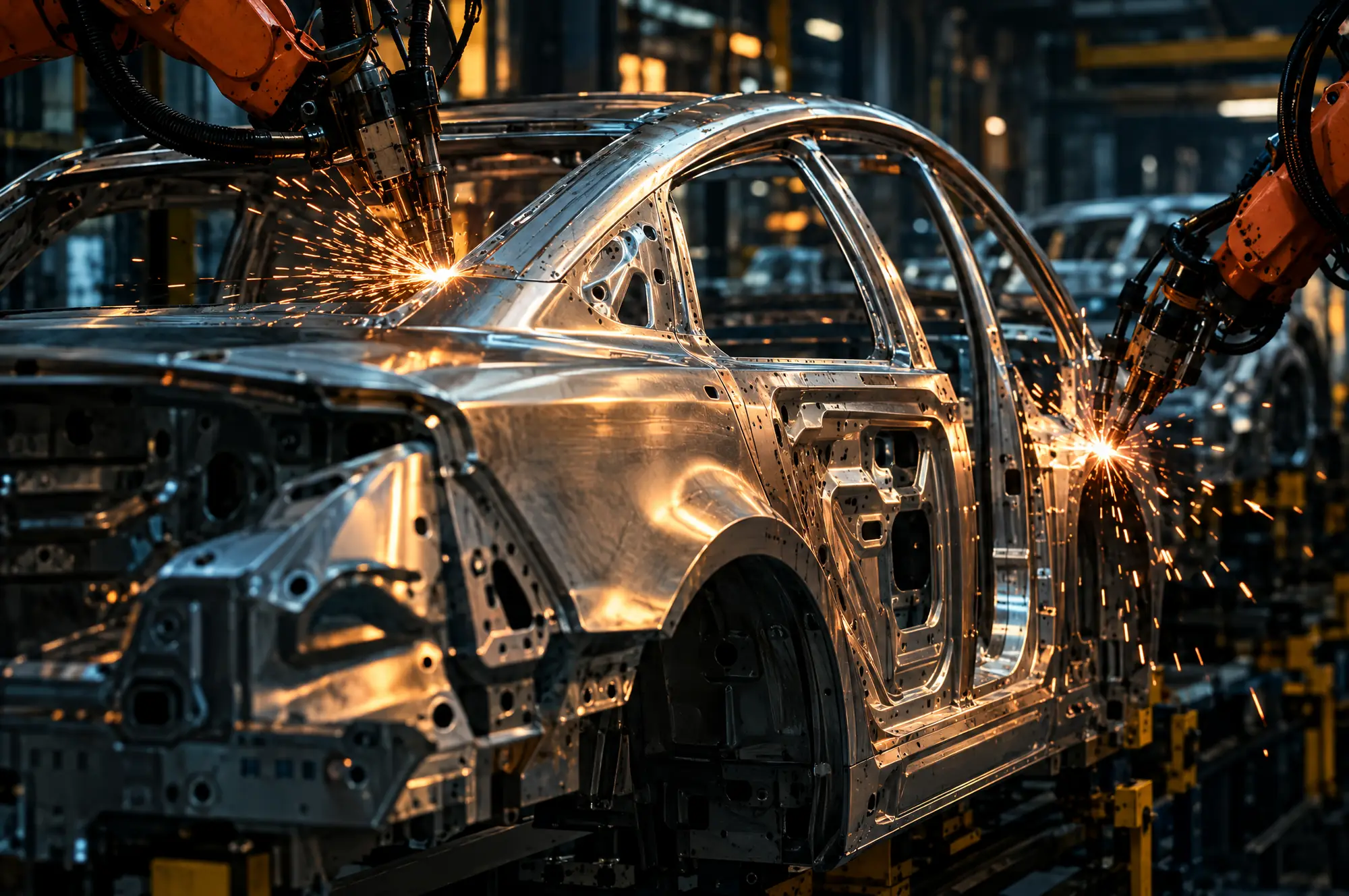 Robots welding a car body on an assembly line